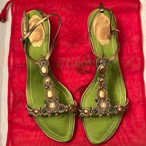 Brand NEW Rene Caovilla gold with green & rhinestones, size 8.5 with box & bag
